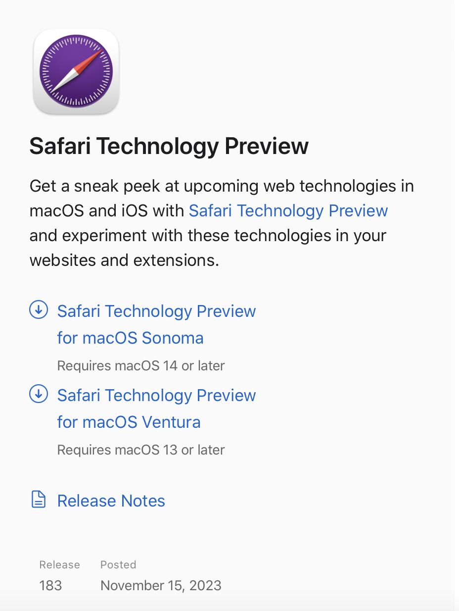 苹果发布 Safari 浏览器技术预览版 183